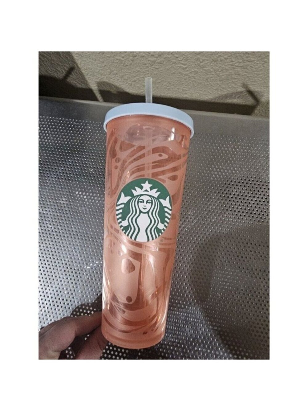 Starbucks Coral Orange Cold Tumbler Cup Blue Lid 24oz
